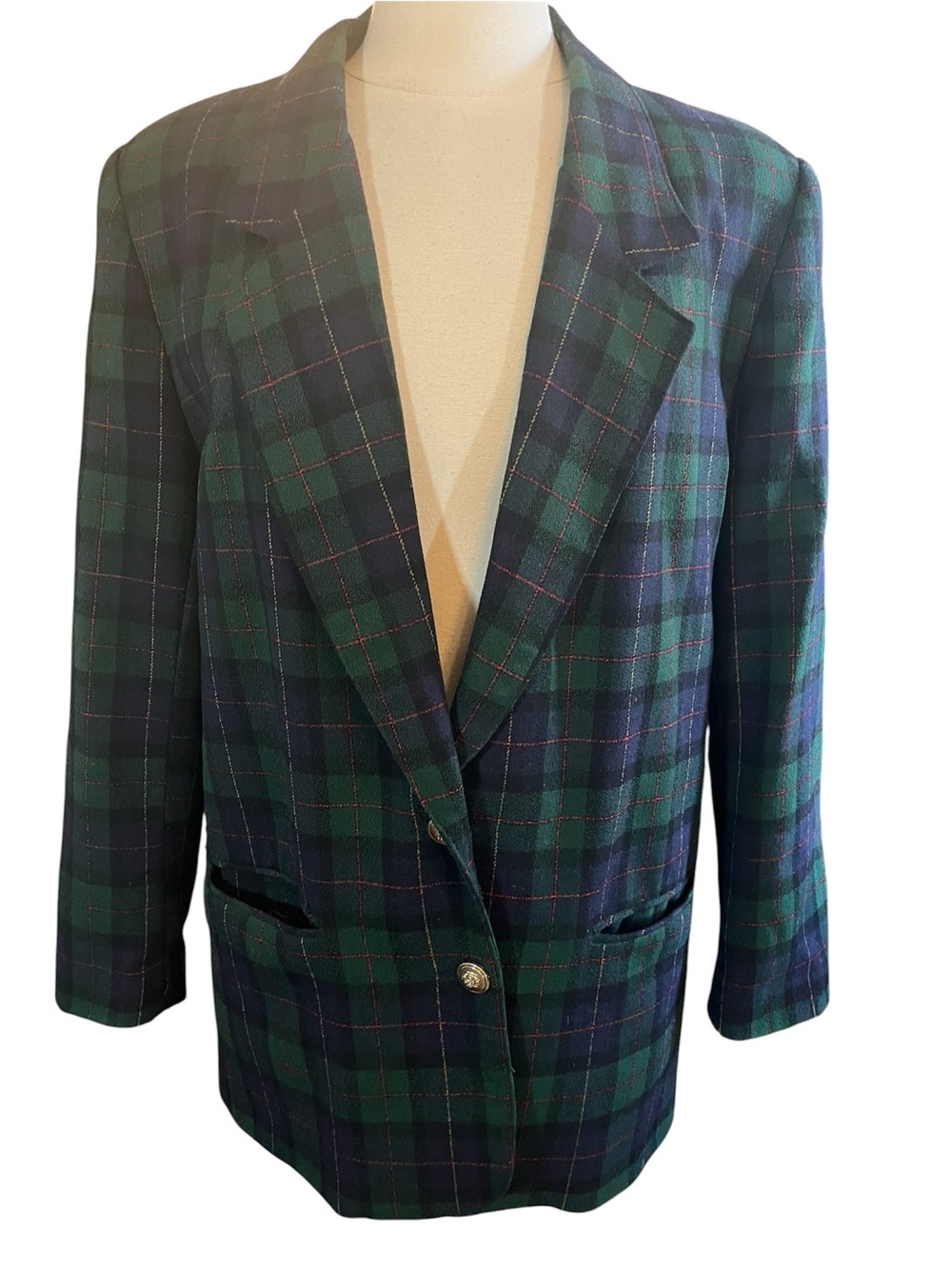 Alfred Dunner Wool Blend Green & Navy Plaid Single-Breasted Blazer Size 14